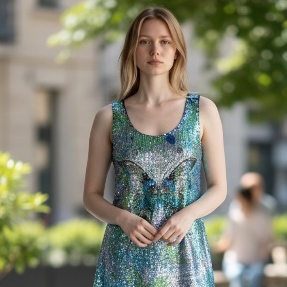 Papillon Sequin Butterfly‎ Mini Dress Womens Small Blue Green Racerback  Fairy